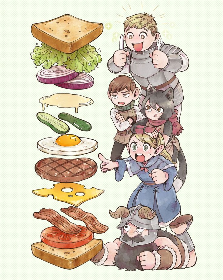 the illustration is a whimsical and humorous depiction of a giant layered sandwich being constructed by several fantasy characters. a knight, a girl who looks like an elf, a catgirl, another boy, and a dwarf are all interacting with the different components of the sandwich, which are stacked in an exaggerated way.  the scene is lighthearted and playful, the cartoonish style emphasizing the comedic aspect. the sandwich includes bacon, egg, cheese, tomato, and other ingredients, creating a highly detailed and visually appealing image. the overall style is reminiscent of anime or manga artwork with soft pastellike colors.