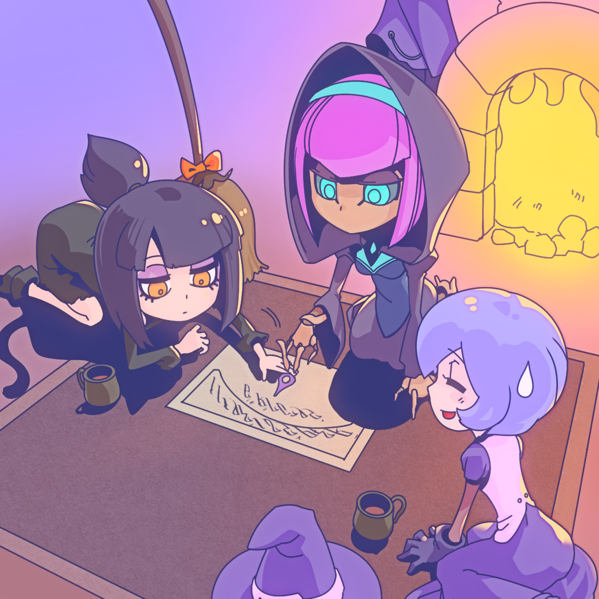 this image shows a group of cartoon witches gathering around a table to make a potion or spell. they are all dressed in witchy attire and have cute and colorful personalities.  the image is created in a digital style.
