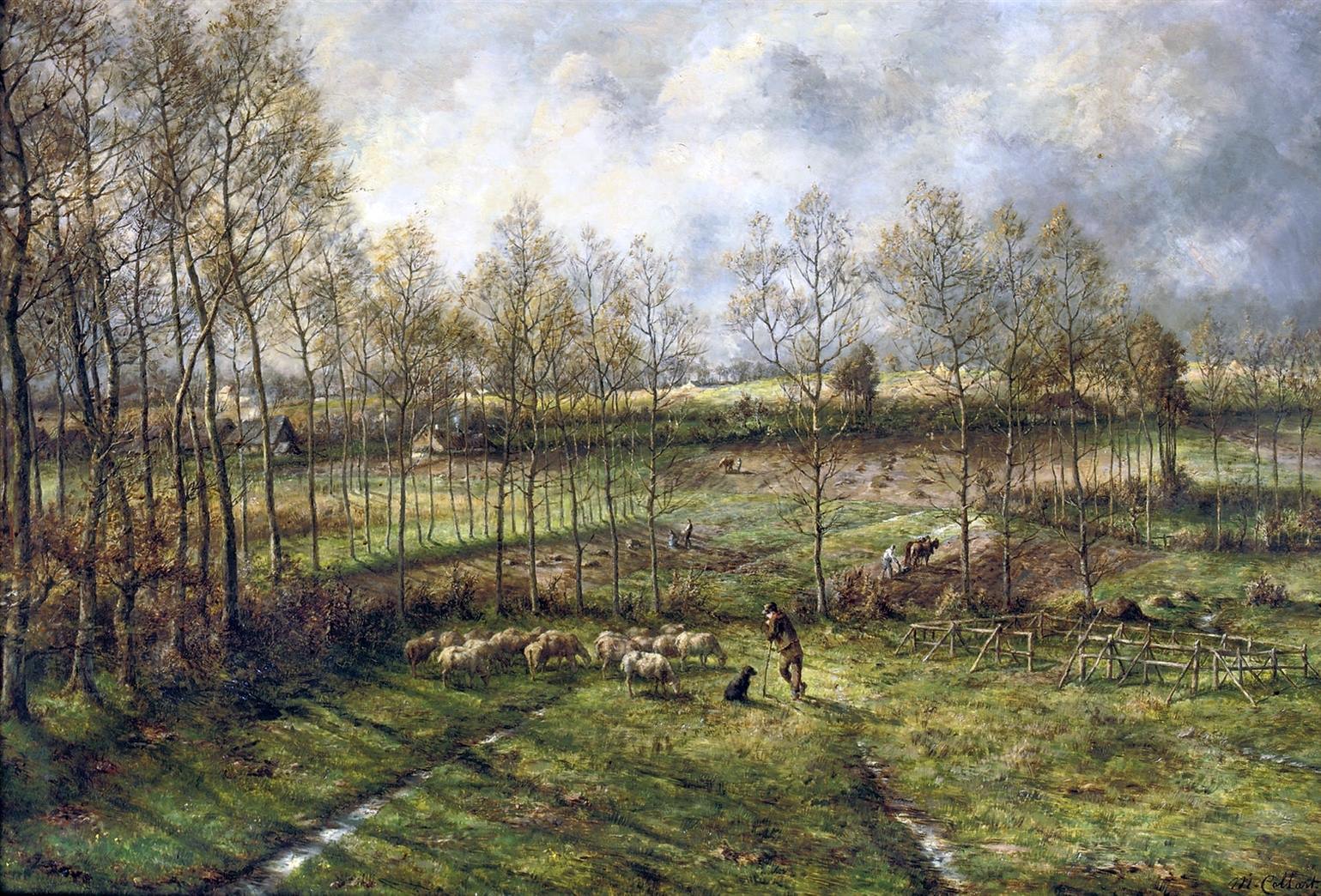 the painting depicts a rural countryside scene under an overcast sky. a flock of sheep grazes in a meadow, guided by a shepherd and his dog. trees line the field, and a wooden fence sits nearby. in the background, there's evidence of farming with plowed fields and figures working with horses. the foliage is detailed, and the overall scene evokes a sense of pastoral tranquility.