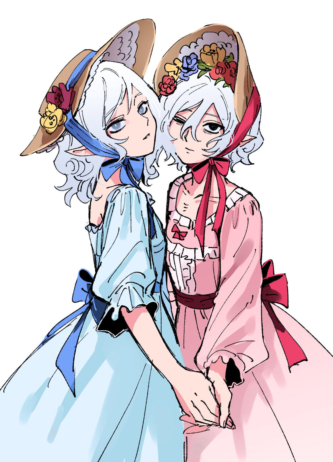he image is an illustration of two animestyle girls, possibly twins or sisters, who share a striking resemblance. both have long, wavy white hair, pointed ears suggesting an elven heritage, and wear floral bonnets. one girl wears a light blue dress, while the other is in a light pink dress.  their dresses are styled similarly, featuring puffed sleeves and a ruffled appearance. they hold hands affectionately, conveying a sense of closeness and sweetness. the art style is soft and slightly sketchy, using pastel colors and gentle lines. the background is plain white, focusing attention solely on the characters.