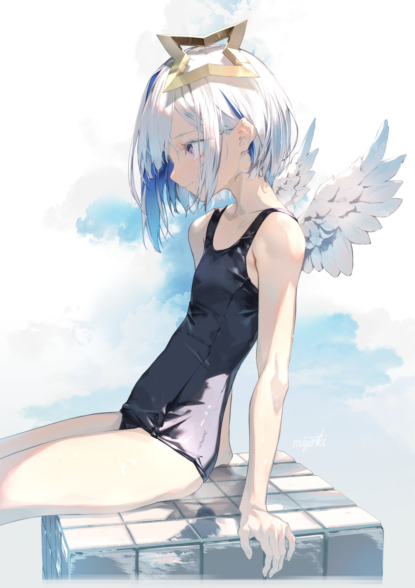 the artwork depicts a young anime girl with white and blue hair, adorned with a starshaped crown and angel wings. she's dressed in a darkcolored swimsuit and sits pensively on a tiled surface near a pool, possibly overlooking a cloudy sky. the overall atmosphere is serene yet tinged with melancholy; the girl’s posture and expression convey a sense of quiet contemplation or sadness. the art style is soft and painterly, with a focus on light and shadow to create depth and atmosphere.  the details are finely rendered, showcasing the artist’s skill in capturing subtle expressions and textures.