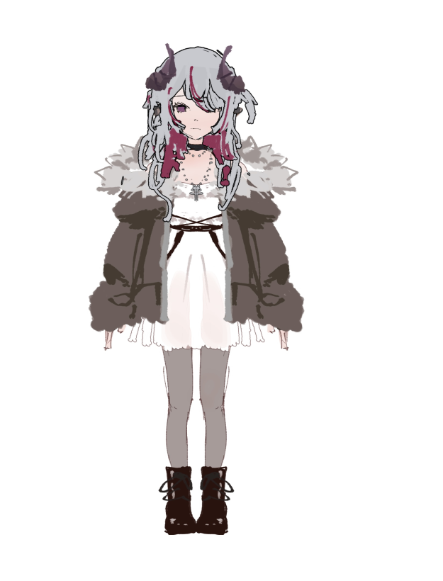 a fullbody illustration of an anime girl with gray hair, horns, and a sad expression. she is wearing a white dress, gray tights, black boots, a black choker, and a cross necklace. she has a dark gray jacket with a white fur trim around the shoulders.