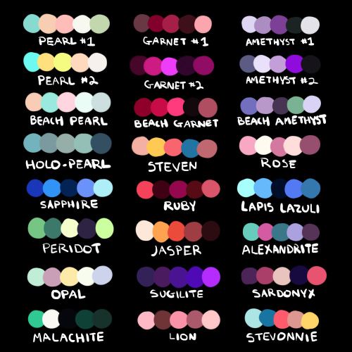 this is a collection of color palettes based on the show steven universe. each palette consists of 5 colors representing a specific character.