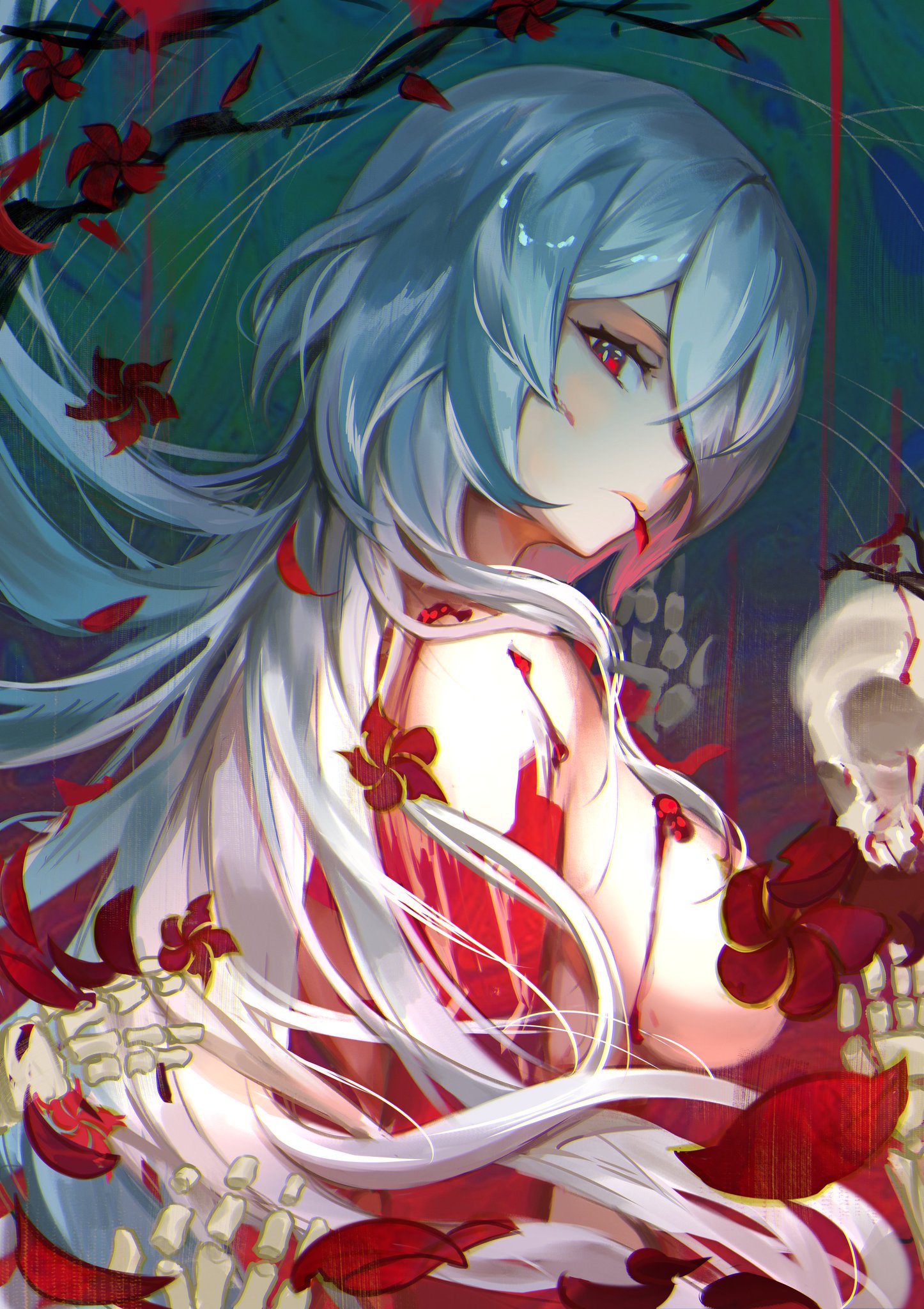 the image features an anime woman with white hair and red eyes. she is wearing a red dress with flowers and is surrounded by blood and bones. the background is a white background with flowers and blood.