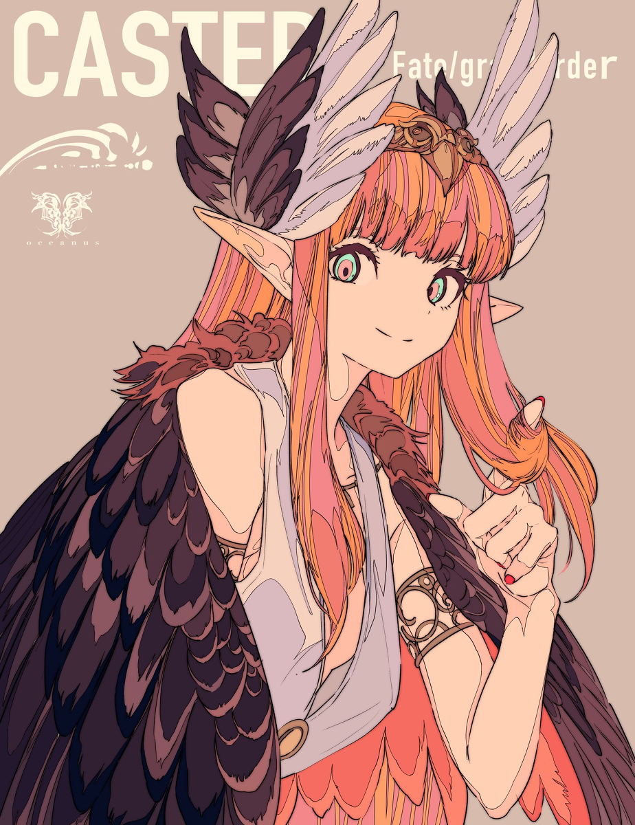 the image is a vibrant digital illustration of a female animestyle character. she is depicted as a "caster" from the game fate/grand order, indicated by text at the top.  the character has long, flowing pink and orange hair, elflike ears, and a large, ornate headdress featuring dark and light feathers resembling large bird wings. her dress is pastelcolored and elegantly designed, complemented by gold jewelry, notably a bracelet on her left arm.  the dark, feathered wings attached to her back and arms add to the fantastical, perhaps mythological nature of her design. the overall style is sleek, detailed, and utilizes a primarily pastel color palette. the background is a simple muted beige, allowing the character to be the focal point.