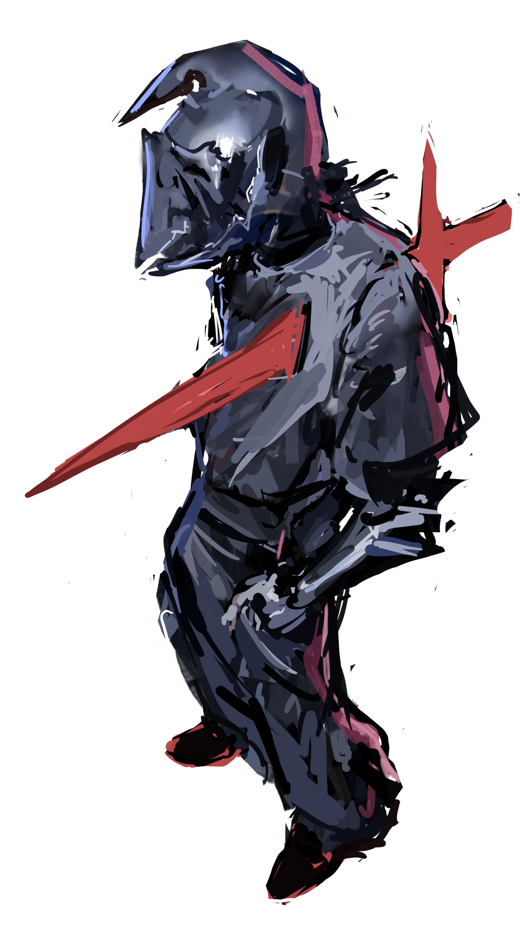 a futuristic warrior stands with a large red sword strapped to their back. they are wearing dark armor and a helmet that obscures their face. the art style is loose and painterly.