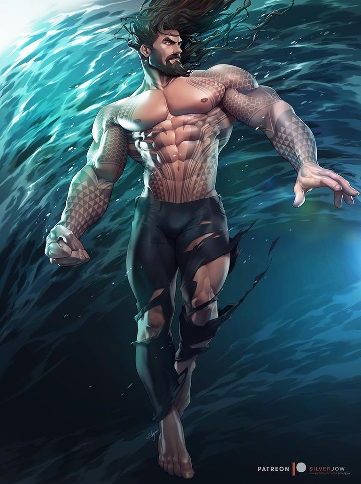 a digital illustration of a muscular aquaman figure emerging from the water. he is shirtless with tribal tattoos on his arms and torso, wearing ripped black pants. his long brown hair flows back as he strides forward in an action pose. blue water surrounds him, creating a dynamic and powerful scene.