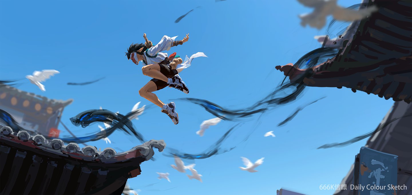 the digital painting depicts a dynamic scene of a female character, possibly inspired by anime or manga styles, executing a powerful leap or jump across rooftops. she's dressed in flowing white clothing, accented with darker colors.  her movement is emphasized by motion blur trails suggesting speed and energy, almost like dark, flowing smoke or energy around her.  white birds fly through the sky, contrasting against the darker energy trails around the figure. the background features traditionalstyle chinese architecture with dark rooftops. the overall style is vibrant and expressive, with a balance between realism and fantasy elements.  the watermark "666k青藤 daily colour sketch" indicates the artist's name or tag and the nature of the work as a daily sketch.