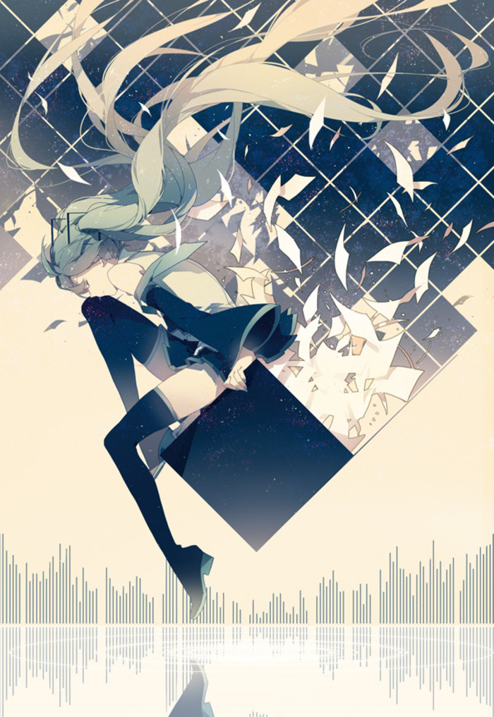 a stylized illustration of hatsune miku, a popular vocaloid character, is depicted seated in an abstract pose. she is dressed in her signature black and teal outfit, and her long, flowing green hair cascades around her.  the background features geometric shapes, including a prominent diamond with a shattered appearance, and swirling patterns reminiscent of music notes or sound waves, further emphasizing the connection to music.  the color palette is predominantly cool and muted, with shades of blue, teal, and gray dominating the composition, creating a melancholic and introspective atmosphere. miku's bright green hair provides a striking contrast against the subdued backdrop.  a graphic at the bottom of the image resembles an audio waveform, reinforcing the musical theme.