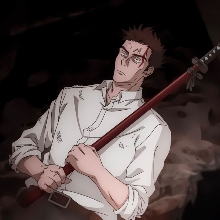 the image features a portrait of an anime character drawn in an anime style. the character is a man with brown hair and a scar over his left eye. he wears a white, slightly torn, longsleeved buttonup shirt and brown pants with a brown belt. he holds a sword with a brown handle across his body. the image's color palette is muted, with dark browns and grays dominating the background and a few instances of white on the character's shirt. the lighting appears artificial, casting shadows on the character and suggesting an indoor environment. the perspective is from an eyelevel viewpoint, creating a sense of closeness and intimacy with the subject.