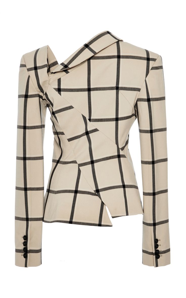 a beige plaid long sleeve blazer with an asymmetrical design.
