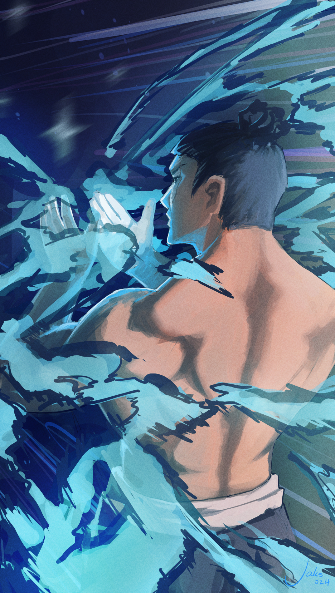 a muscular man with black hair tied in a bun is facing away from the viewer, his back exposed. he is performing some kind of magic, with his arms raised and bright blue water swirling around him. the background is dark and gives a sense of motion.