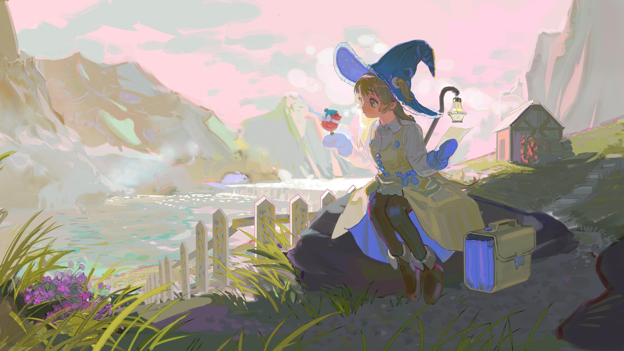 the image is a digital painting of a cute animestyle witch girl sitting on a rock by a lake in a fantasy landscape. she's wearing a blue pointed hat and a beige dress, and she holds a small, red birdlike creature.  behind her are mountains and a small cottage, and the sky is a soft pink. the overall style is whimsical and peaceful. the scene is detailed, with soft colors and textures giving a dreamy, magical feel.