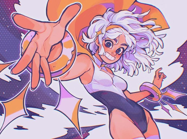 the image features a female character, likely a magical girl, with white hair and a mischievous grin. she's wearing a white and purple bodysuit, yellow cape, and starshaped bracelets. she reaches out towards the viewer with one hand while the other is raised in a fist. the background depicts a stylized, purple galaxy. the overall style is dynamic and whimsical, reminiscent of anime and digital art.