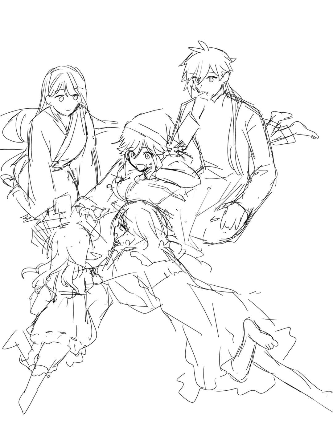 this is a sketch of a group of four people. the image is done in a simple, sketchy style, and the characters are all depicted in a friendly and affectionate manner. the characters are positioned in a closeknit way, creating an intimate and heartwarming scene. the overall tone of the image is cheerful and lighthearted, suggesting a positive and happy relationship between the characters.