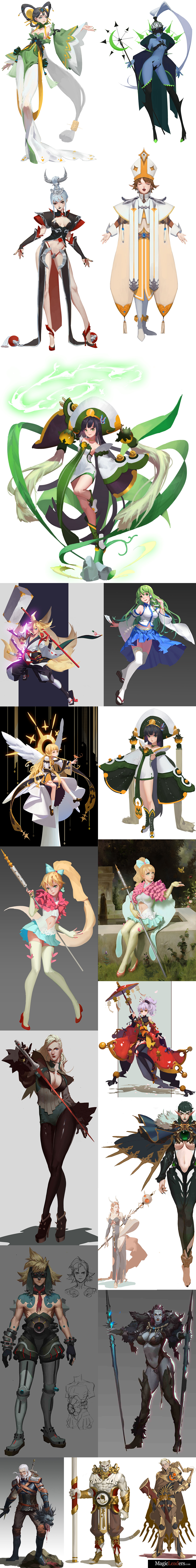 this is a digital illustration showcasing various animestyle female characters in different poses, outfits, and roles. they are all holding weapons and appear to be ready for battle. some of them are mages with staffs, others are warriors with swords, and some are archers with bows and arrows. their outfits are very detailed and colorful, reflecting their different characters and personalities. the illustration is drawn in a vibrant style with clean lines and dynamic poses, giving a sense of energy and action. it is a great example of anime art and character design.