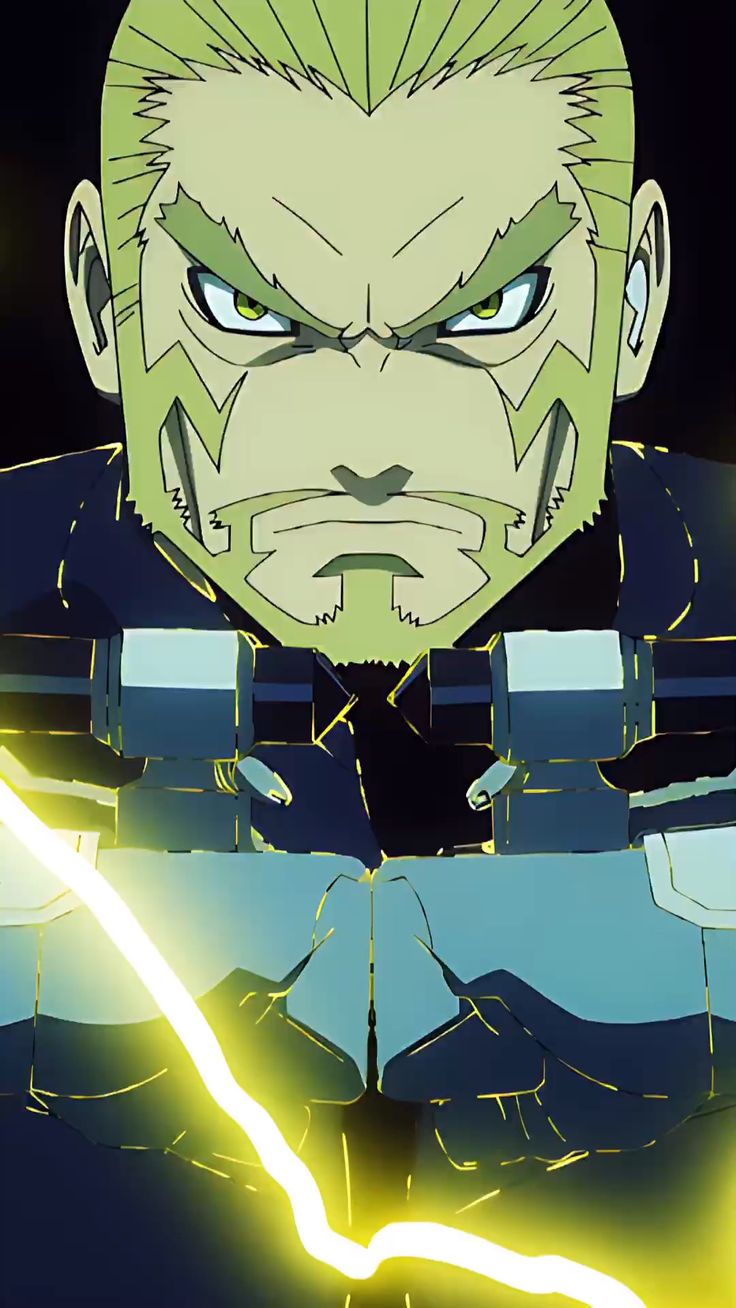 a head and shoulders closeup illustration of a blonde anime man with a serious expression. he has short blonde hair and a goatee. he wears dark, futuristiclooking clothing with glowing yellow accents. a bright yellow streak of light cuts across the lower part of the image. the background is plain black.