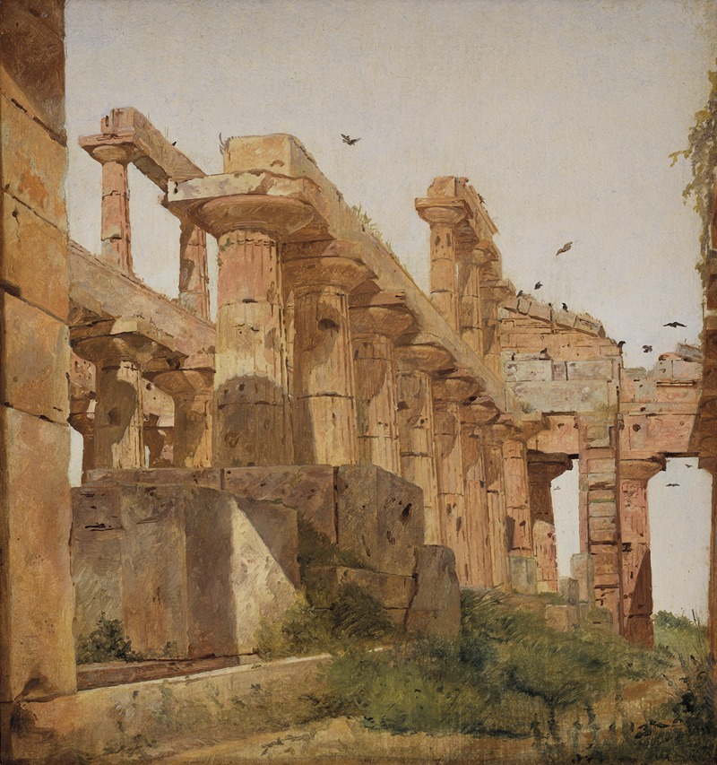 the painting depicts the weathered ruins of an ancient architectural structure, likely a temple or similar grand building. the scene is dominated by stone columns, some still standing upright with their capitals intact, while others are broken or collapsed. birds are visible in the sky and perched on the ruins, adding a sense of scale and indicating the age of the structure. the landscape is characterized by a mix of stone and vegetation, suggesting the passage of time and the integration of nature with the historical site. the color palette is predominantly warm, with shades of brown and beige, capturing the tones of aged stone and the sunlight illuminating the scene. the artwork conveys a sense of history, decay, and the enduring presence of ancient civilizations.