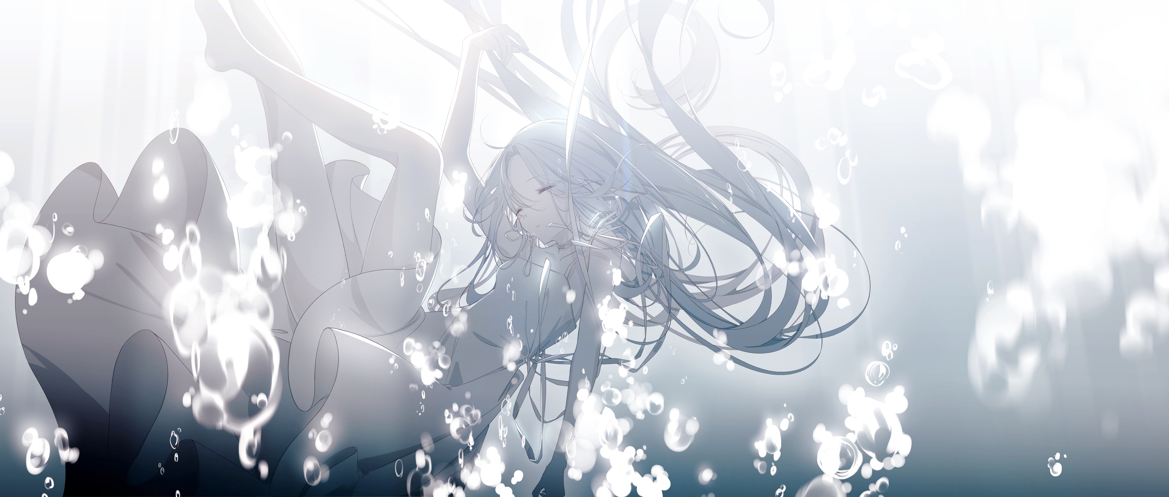 a lightcolored anime illustration depicts a girl in a dress falling underwater, surrounded by bubbles. the girl has long, flowing hair. the overall color palette is predominantly white and light shades.