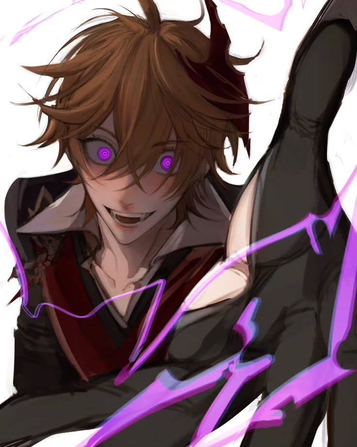 the image is a stylized digital fanart depicting a male anime character with messy brown hair and striking purple eyes. he has a sinister, almost predatory smile. he's dressed in dark, vaguely gothicstyled clothing. the character is positioned dynamically, seemingly in motion, with purple magical energy swirling around him and his limbs.  the art style is sharp and expressive, with strong focus on lighting and color contrast. the overall mood is intense and slightly unsettling.