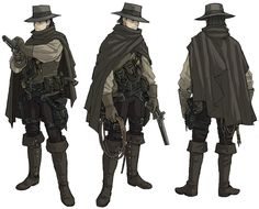 the image shows a character design for a video game or animation. the male character is dressed as a gunslinger, with a widebrimmed hat, long coat, and boots. he carries two pistols and a whip. the character is shown in three different views: front, side, and back. the art style is realistic and detailed. the color palette is muted and earthy, with browns, grays, and blacks dominating. the background is white. overall, the image gives a clear and informative view of the character's design.