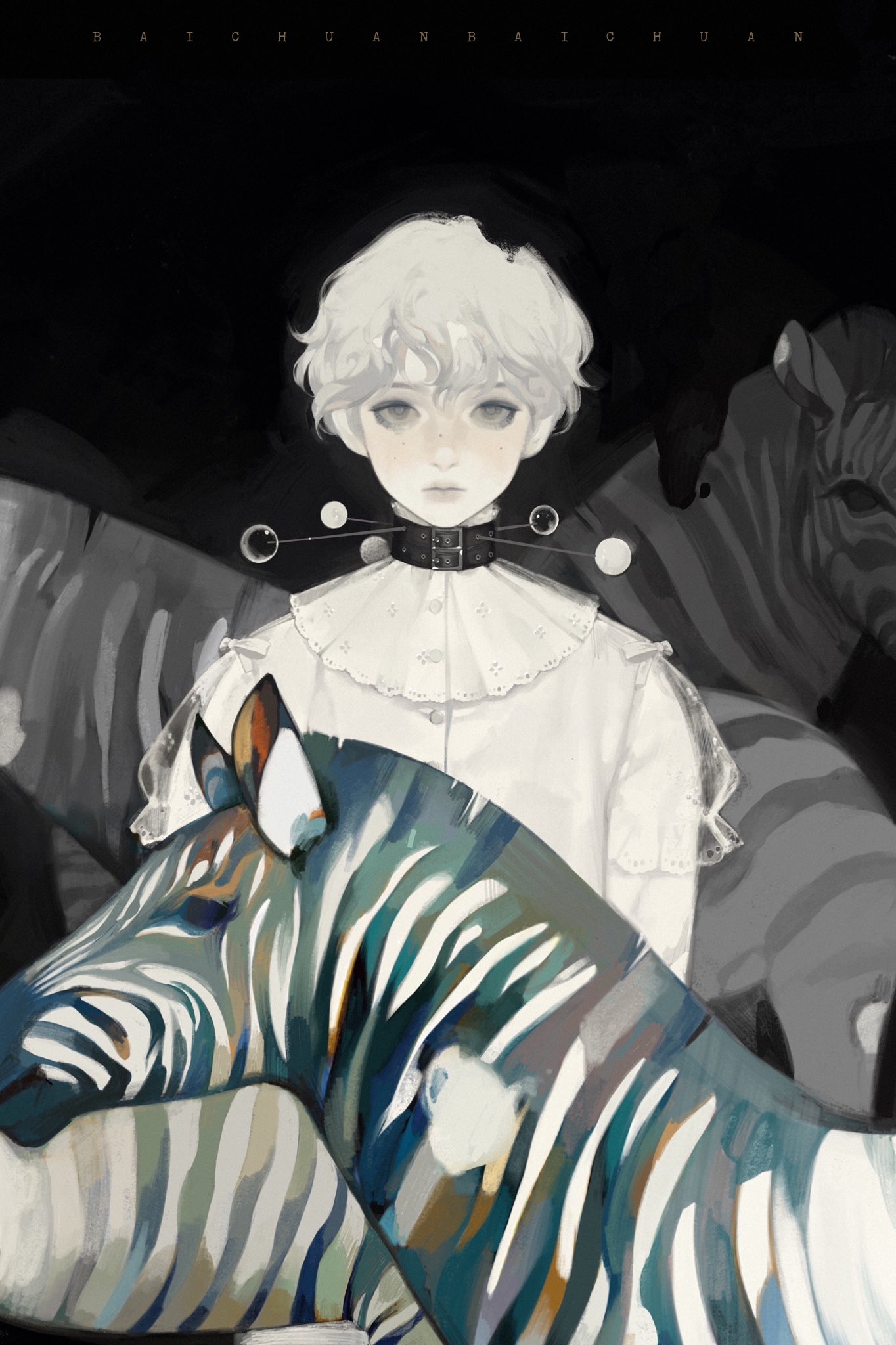 an anime boy with white hair is standing in front of a zebra. he is wearing a white shirt with a collar and a black choker necklace. the background is dark and the zebra's stripes are black and white. the boy looks lost and sad. the image has a surreal and dreamlike quality.