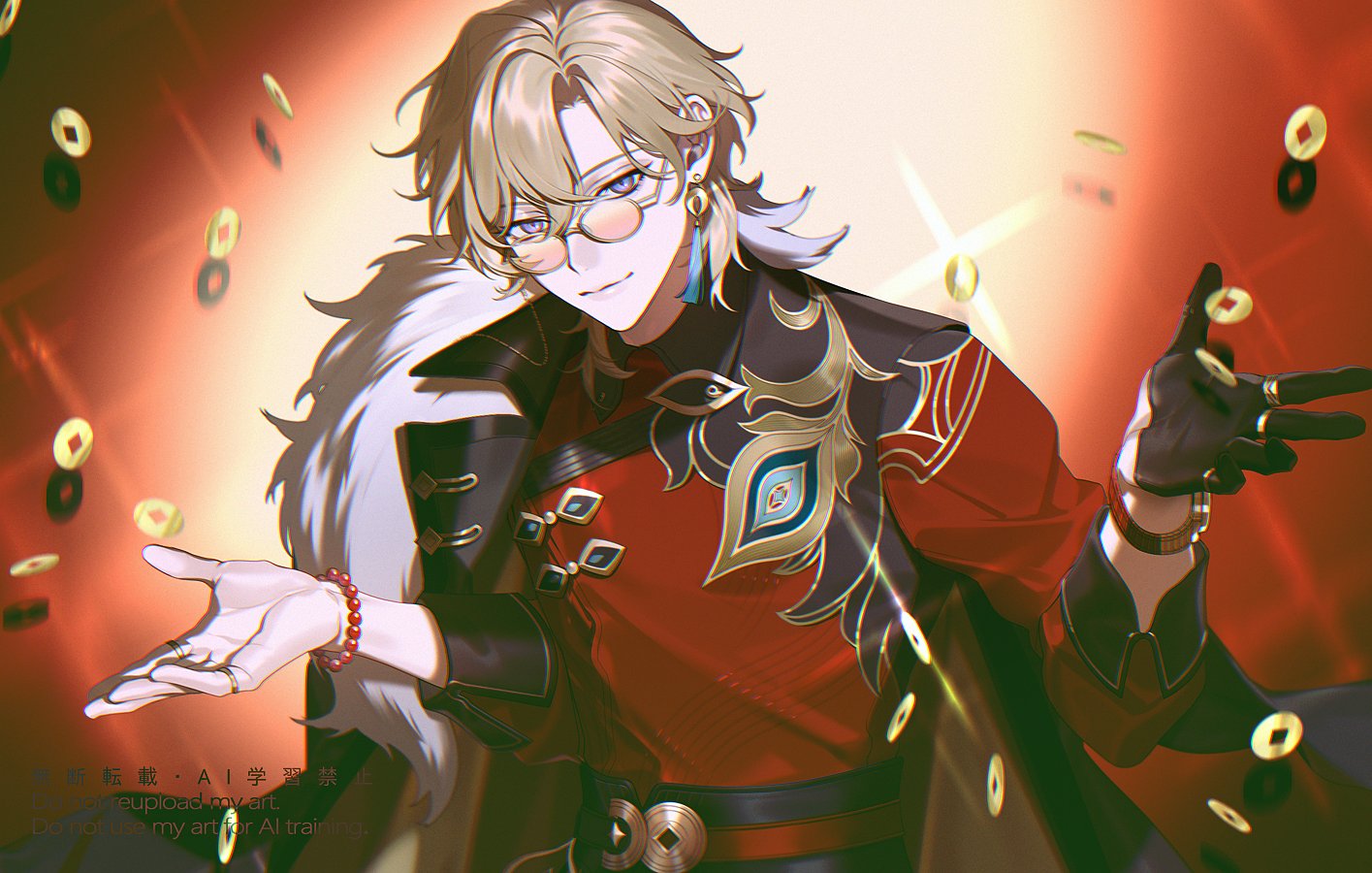 the image is a vibrant digital fanart of a male character, possibly inspired by albedo from genshin impact,  dressed in a rich, red and gold chinesestyle outfit adorned with intricate details. he has blond hair and wears glasses. he is presented in a dynamic pose, with his hands outstretched as if presenting or scattering golden coins that are floating around him. the style is artistic and stylized, emphasizing the character's elegance and luxurious appearance, suggesting wealth and prosperity.  the background features a warm, glowing light.