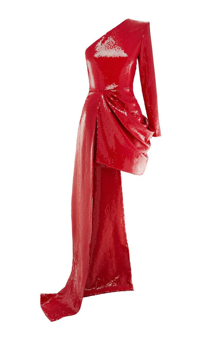 a red sequin oneshoulder dress.