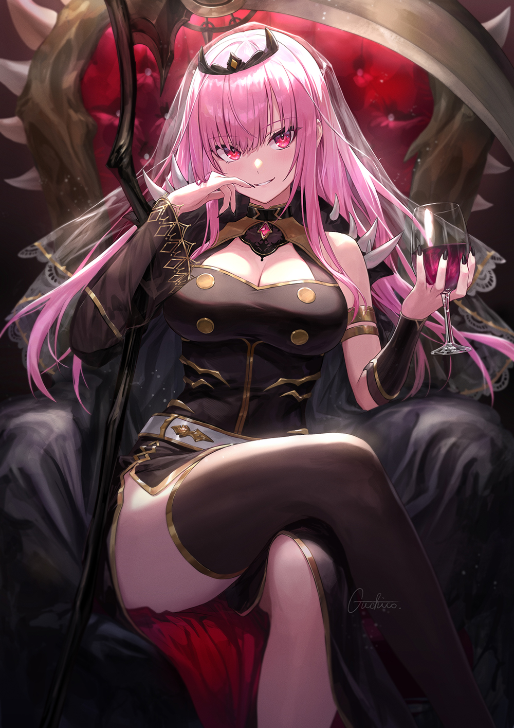 the image is a digital illustration of an animestyle female character. she has long, vibrant pink hair, and is wearing a dark, gothicinspired outfit with gold accents. her attire consists of a lowcut top, a jacketlike piece, and what seems to be a thighhigh stocking or similar legwear. she sits on a dark, ornate throne, a large scythe leaning behind her.  she holds a glass of red wine, her expression suggesting a confident and possibly mischievous demeanor. the overall style is dark fantasy, with rich colors and a focus on detail in the character's attire and the throne's design. the background is dark and mysterious, enhancing the overall mood of the piece.