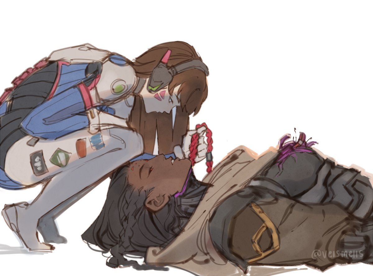 the image depicts a fan art illustration of d.va from overwatch kneeling beside a fallen pharah. d.va, wearing her signature gaming headset and suit, holds a red braided rope, seemingly taken from pharah. pharah lies prone, partially obscured by her armor. the overall tone conveys grief, loss, and sadness. d.va appears to be mourning the death of pharah. the style of art is digital, with visible brushstrokes.