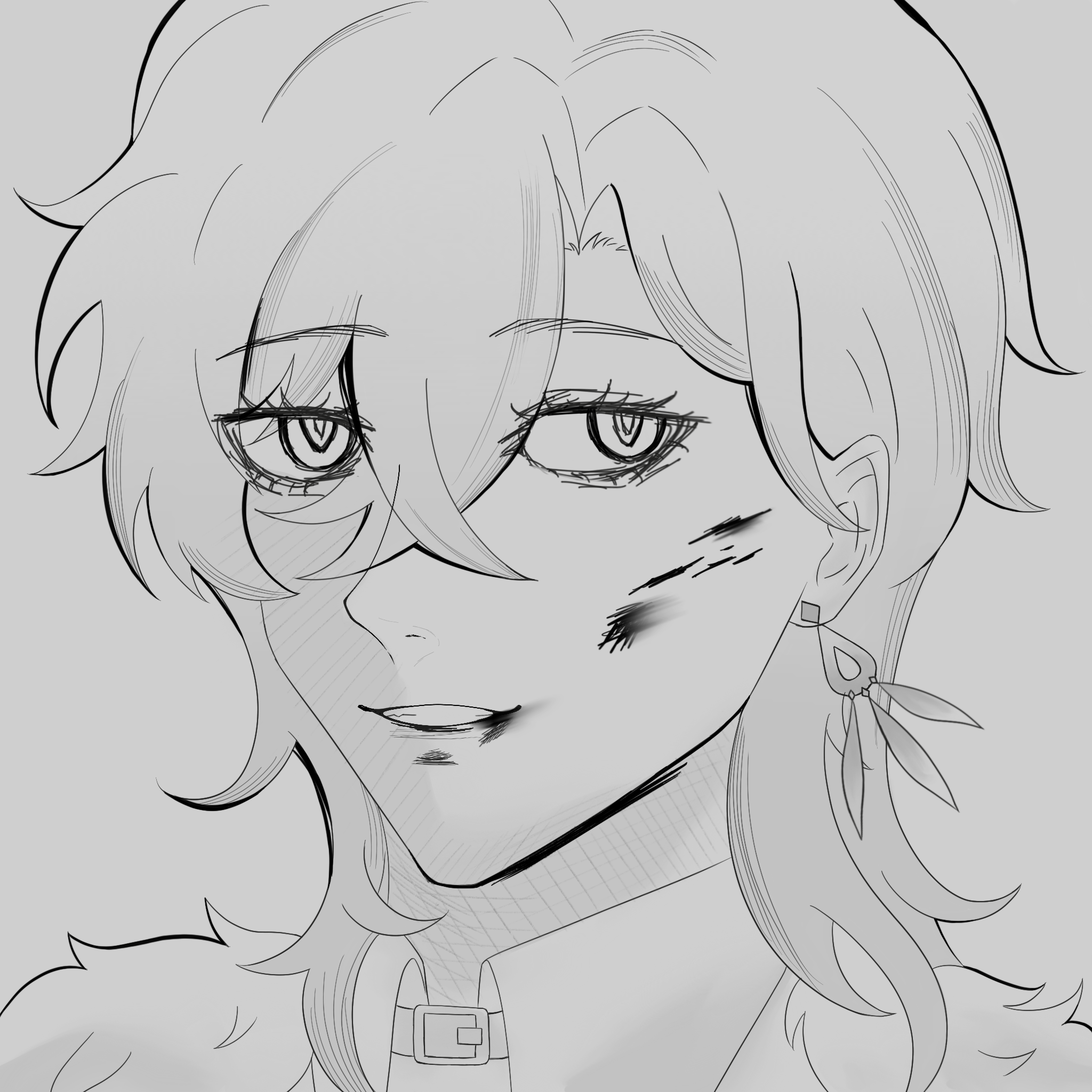 the image is a grayscale digital drawing or sketch of a young woman's face, possibly an anime or manga style character. she has shoulderlength hair, partially covering one side of her face.  she has noticeable scars or scratches on her cheek, suggesting battle damage. her expression is a smirk or subtle smile. she is wearing earrings with featherlike details and a collared garment with a visible buckle. the art style is clean, with primarily line art and subtle shading to create depth and form. the overall mood is somewhat mysterious and slightly edgy due to the scarring and subtle smirk.