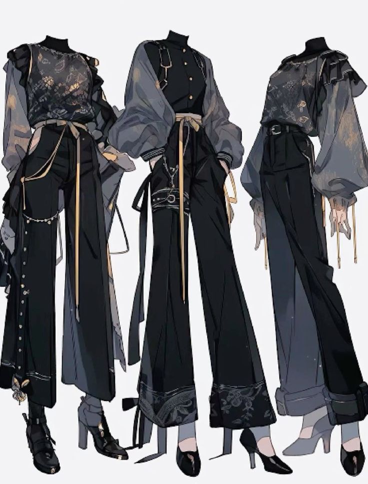 he image showcases three distinct fashion illustrations, each depicting a unique outfit for a female character. the style is a blend of anime and gothic aesthetics, characterized by dark color palettes and elegant designs.  each outfit features wideleg pants paired with various tops and jackets, layered in an intricate manner.  accessories like belts, chains, and highheeled footwear complete the looks. the illustrations are detailed and rendered in a style typical of fashion design and concept art, featuring smooth lines, textures, and shading to emphasize the clothing's design elements.  the overall tone is dark, sophisticated, and stylish.
