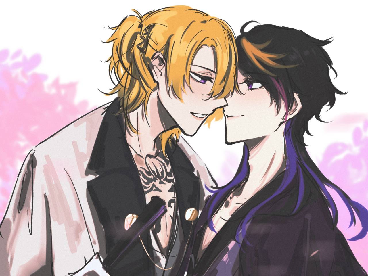 this is a digital illustration of an anime couple. the one on the left is a blonde man with purple eyes. he is wearing a white coat over a black shirt. the man on the right is a blackhaired man with purple eyes. he has purple hair and wears a purple and black shirt. they are close together, looking at each other with affection. the background is pink and blurry. the illustration is drawn in a soft, pastel style.