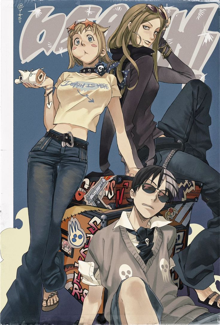this is a stylized illustration, possibly from an anime or manga series, depicting three young adults.  the central figure is a young man with twotoned hair and sunglasses, wearing a grey sweater vest. to his left is a young woman with short, blonde hair, dressed in a yellow "death is here" tshirt, jeans, and accessories.  to his right is another young woman with long, brownish hair, wearing dark clothing and sunglasses.  they're all positioned in a casual yet stylish manner around a decorated box or crate covered in stickers and graffiti. the overall style is edgy and cool, with a distinct vintage or retro feel. the color palette is muted and emphasizes shades of grey, blue, and black. the image is suggestive of a youthful, alternative lifestyle, potentially reflecting themes of death, rebellion, or counterculture.