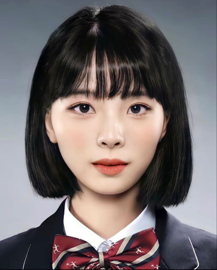 a young asian woman with black hair styled in a bob with bangs is wearing a white collar and a red and white bow tie. she is also wearing a dark jacket. she is smiling and looking at the camera. the background is a simple studio backdrop. the image is welllit and sharp.