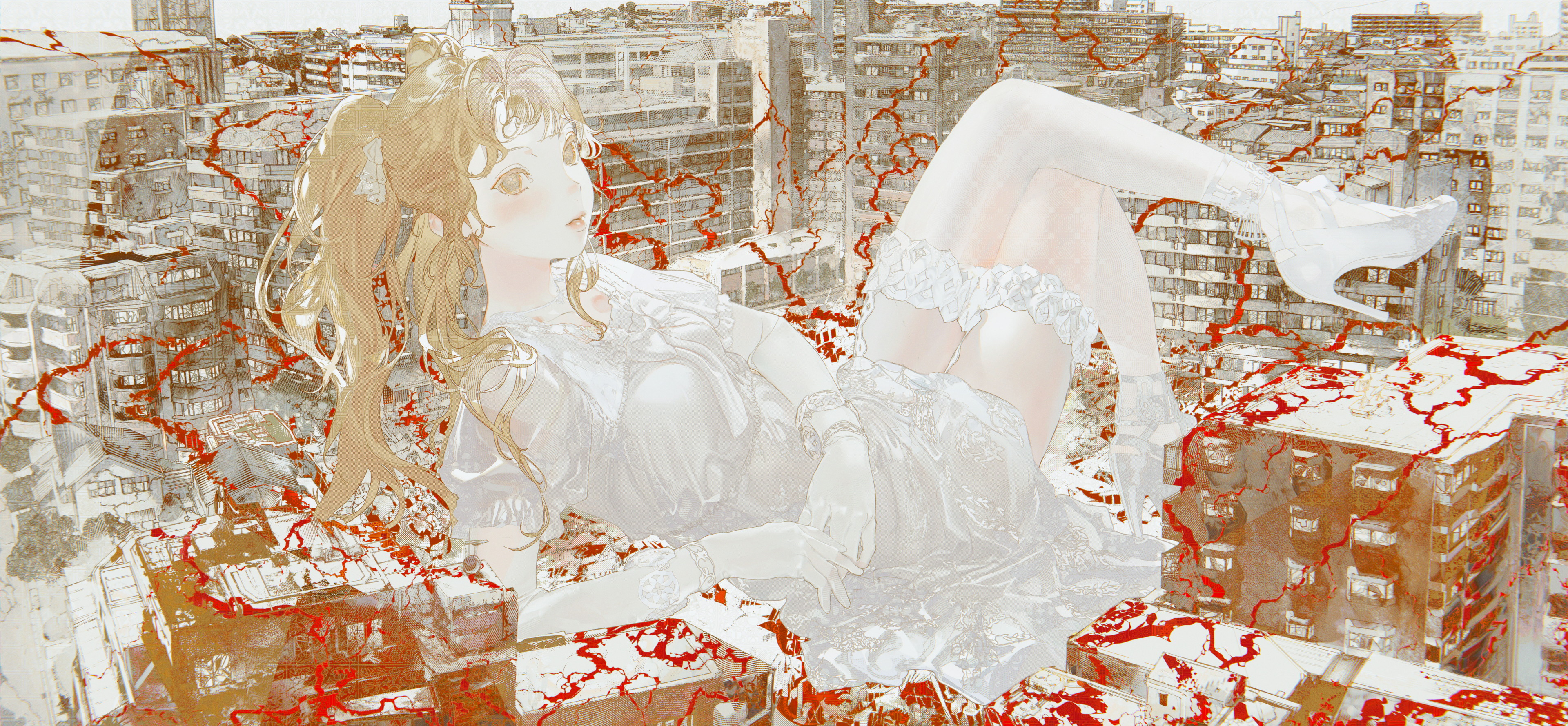 the image is a digital painting or illustration depicting an animestyle girl with long blonde hair lying down in a ruined city. she's wearing a white dress, white stockings, and high heels. the city is depicted in shades of gray and brown, with red cracks running through the buildings, suggesting destruction or a disaster. the girl's pose and the contrast between her elegant appearance and the ruined city create a striking visual effect. the style is reminiscent of fantasy art or a surreal dreamscape.