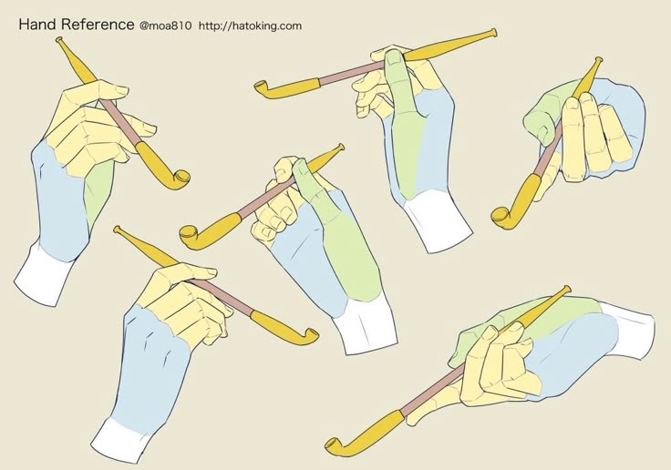 the image is a hand reference sheet for artists, depicting different hand poses holding a long smoking pipe. the style is illustrative, with clean lines and color blocking to indicate form and volume. the image provides a guide for drawing hands in various positions related to holding a specific object. the text "hand reference @moa810 http://hatoking.com" is visible at the top, indicating the source of the reference material.