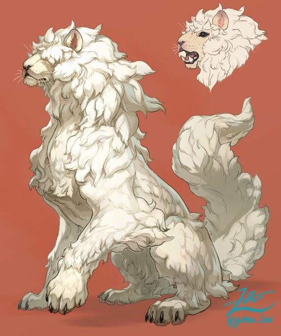 an illustration of a white, fluffy, lionlike fantasy creature is shown. the creature is seated with its forepaws on the ground and has a thick, cloudlike mane and tail. there's also a closeup of the creature's head roaring, and it appears on the upper righthand side of the image. the artwork has soft shading and detail.