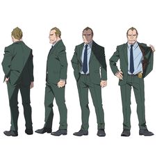 this image shows four different views of the same male character from the anime "lycoris recoil". he is a tall man with blonde hair and brown eyes, wearing a green business suit, white dress shirt, blue tie, and brown shoes. he is positioned in slight variations of at rest poses, with one hand in his pocket.  in one view, his suit jacket is open to reveal a police badge hanging from his belt. the art style appears to be line art with flat color fills.