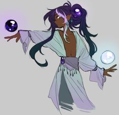 a digital drawing of a darkskinned elf with long, flowing black hair streaked with white. they are dressed in flowing white clothing with beaded accents, and they are conjuring two orbs of energy  one purple and one blue  in their hands. their eyes are closed in concentration.