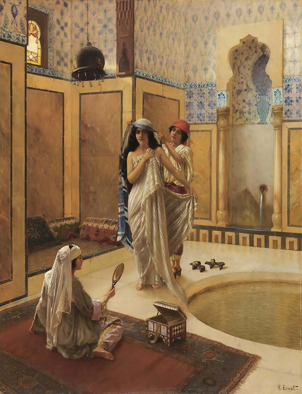the image is a painting by rudolf ernst depicting a scene inside an ottoman bathhouse. three women are present. one stands in the center, being dressed or having her veil adjusted by a servant wearing a red fez. another woman sits on a rug in the foreground, looking into a handheld mirror. a small chest sits beside her. the bathhouse features ornate tiles, a domed light fixture, a pool of water, and cushions. the painting is executed in a realistic style with attention to detail and rich colors.