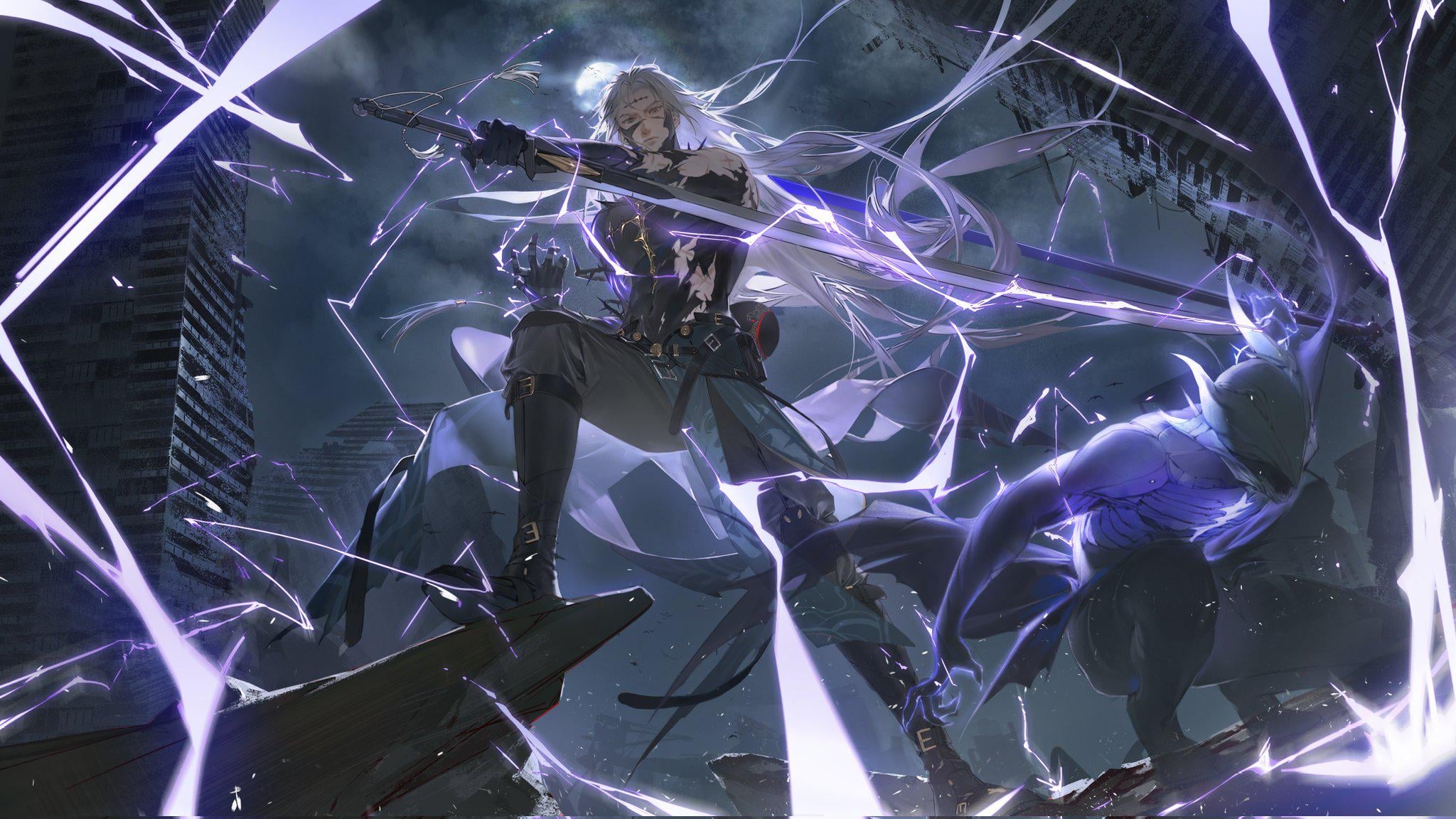 the image depicts a fierce battle between two figures amidst a ruined cityscape under a moonlit sky. a warrior with long white hair, clad in dark attire and a flowing white cape, stands triumphantly atop shattered glass. they brandish a glowing sword, its energy crackling with immense power. their opponent, a shadowy figure wreathed in purple energy, lies defeated at their feet. the low angle and dramatic lighting emphasize the warrior's dominance and the destructive aftermath of the clash.