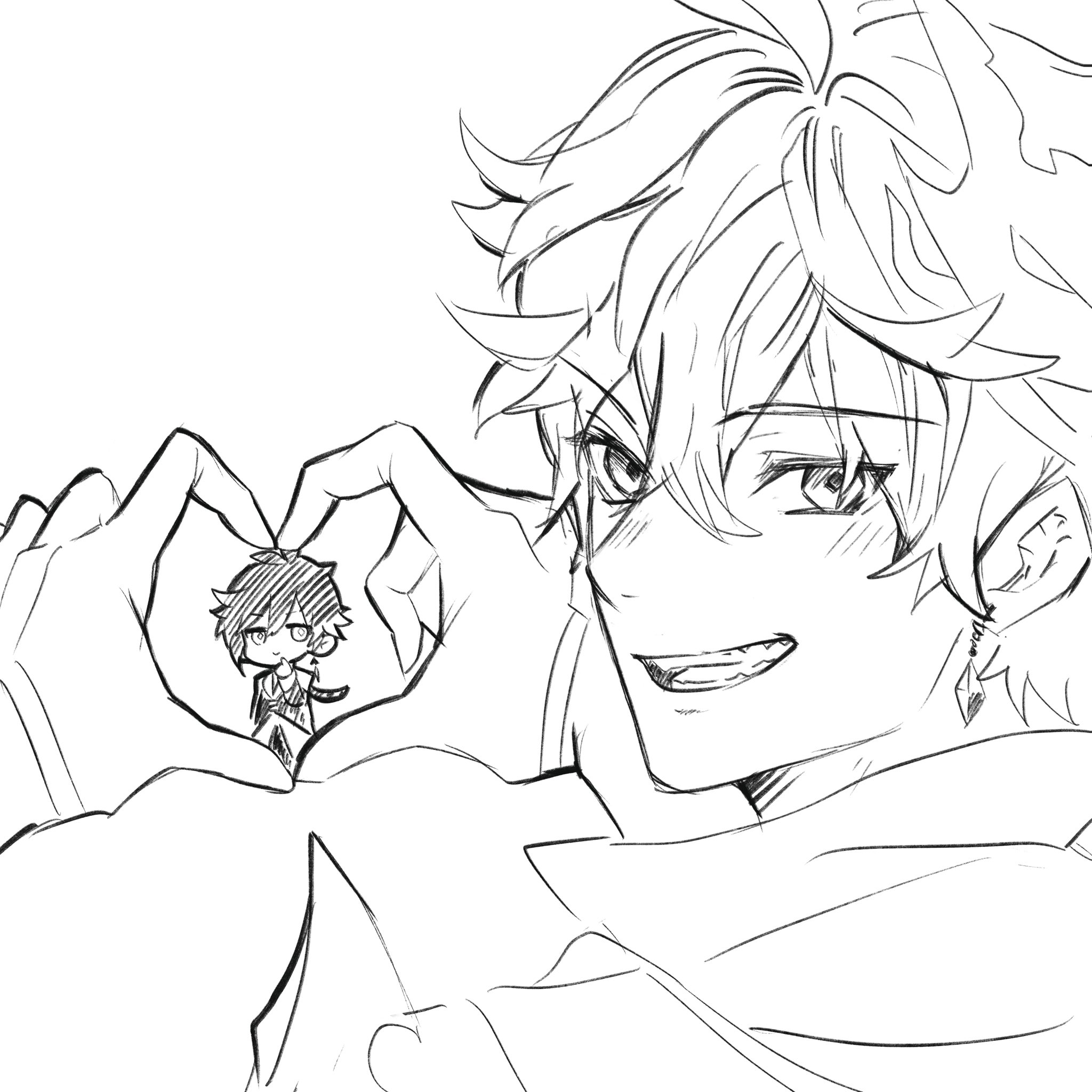 a black and white sketch of two anime characters. the character on the left is a small chibi character making a heart shape with their hands. the character on the right is a taller male anime character smiling and making a heart shape with their hands around the smaller character.