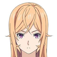 the image is a portrait of a young woman with long blonde hair and striking purple eyes. she has a neutral, almost melancholic expression, with her lips slightly pursed. her hair falls in long strands framing her face, partially obscuring her shoulders and neck. the style is characteristic of anime and manga, with large, expressive eyes and delicate features.