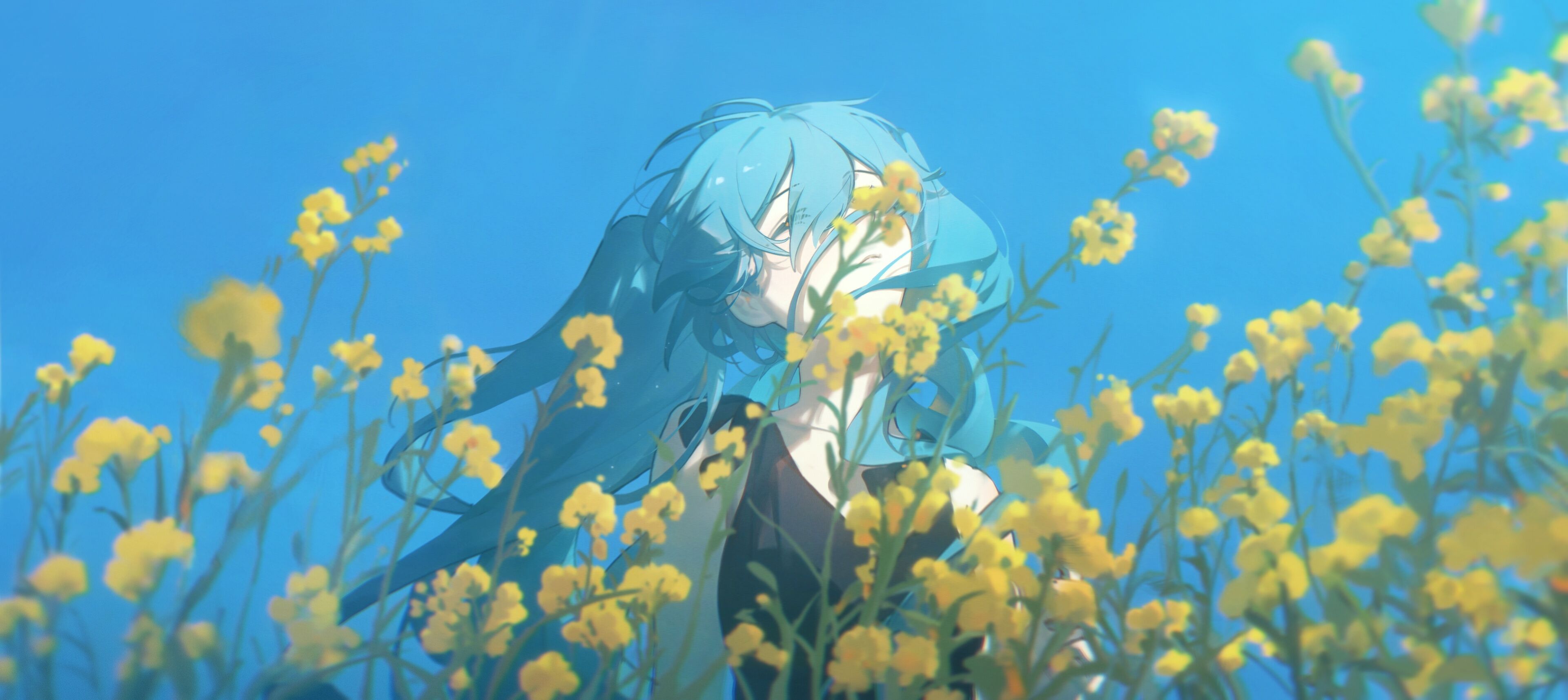 an animestyle portrait features a girl with flowing blue hair standing in a field of yellow flowers under a bright blue sky. the flowers obscure part of her face and body. she is wearing a dark top. the image is rendered in soft, painterly strokes.