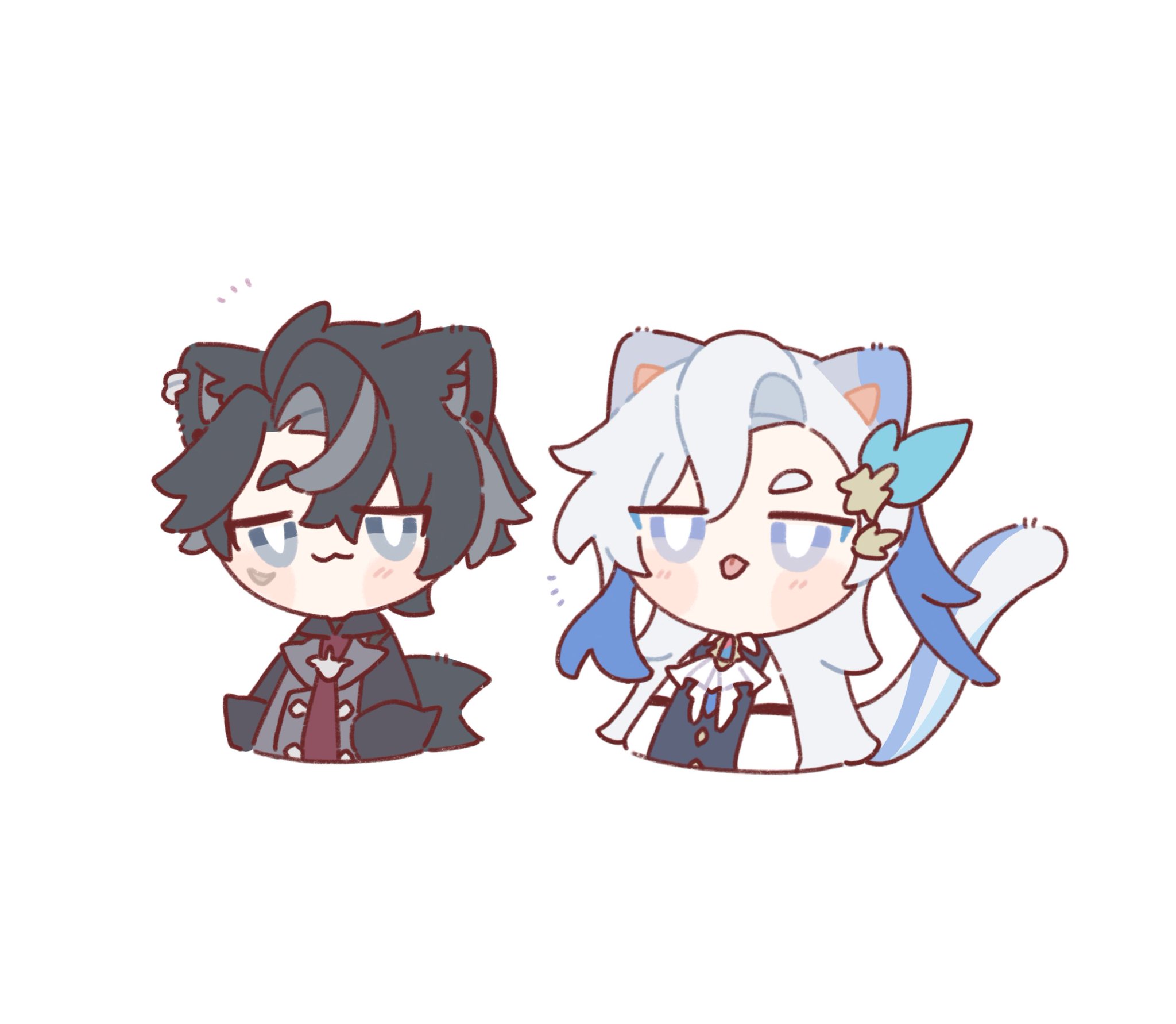 the image contains two chibistyle anime characters.  the character on the left has black and grey wolflike ears and dark hair, wearing a darkcolored jacket and what appears to be a collared shirt underneath. the character on the right has white, catlike ears, and mostly white hair with some blue accents, wearing what looks like a lightercolored collared shirt and jacket. both characters have a slightly bored or unimpressed expression on their faces. the art style is simple and features soft pastel colors.