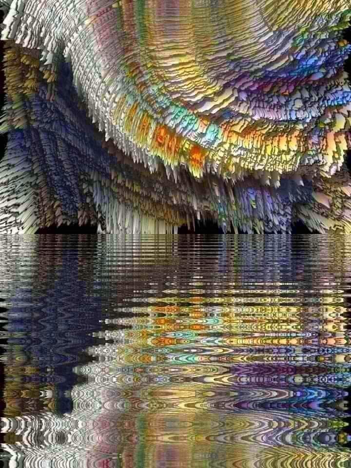 a vibrant and chaotic abstract artwork featuring a swirling, kaleidoscopic pattern of colors and textures. it appears to be a digital rendering of a scene with a distorted reflection of water. the image is full of energy and movement, with a sense of depth and dimensionality created by the use of layers and textures. the overall effect is both mesmerizing and disorienting, suggesting a world of surreal beauty and infinite possibilities.