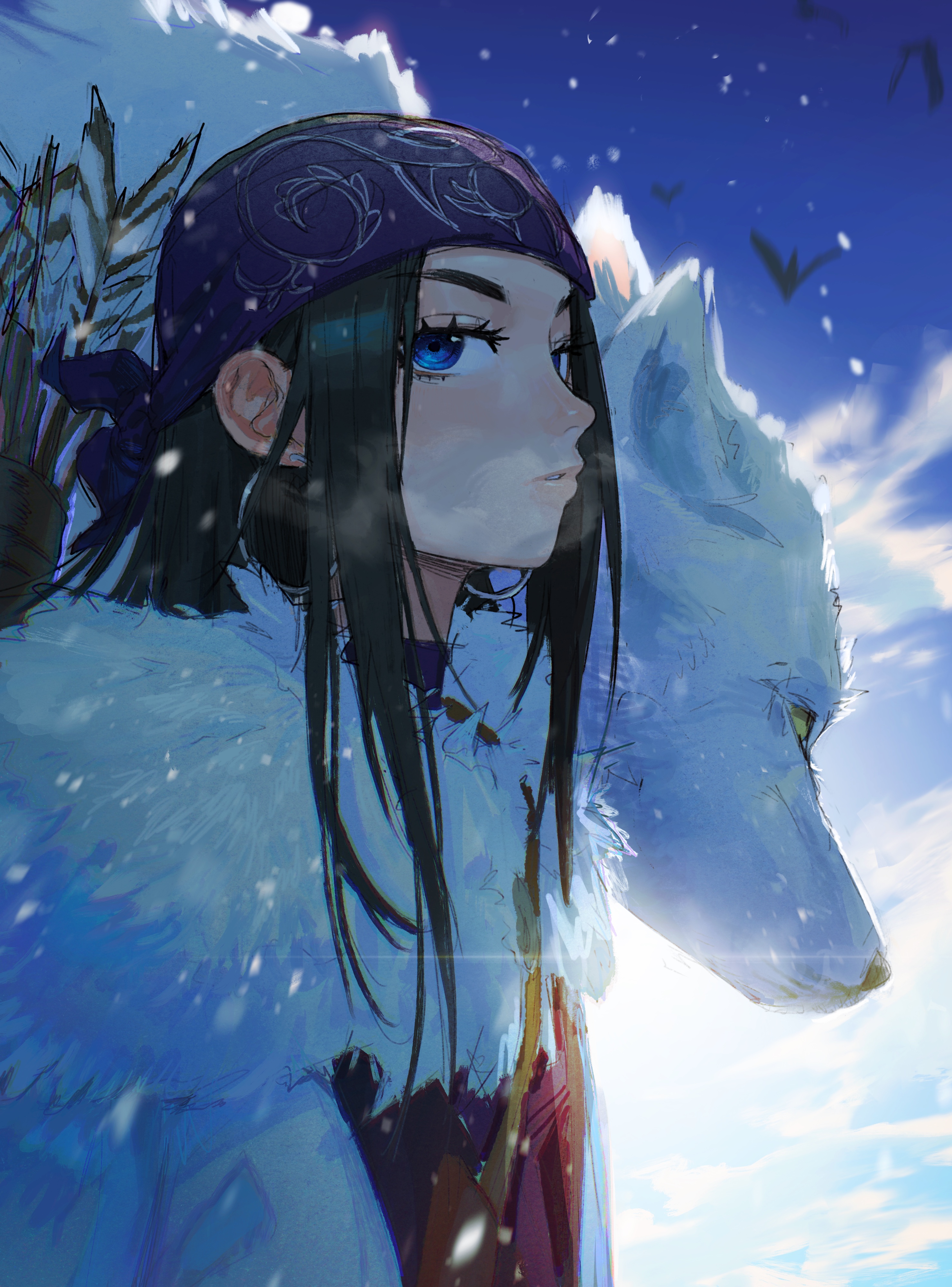 the image is a digital painting or illustration featuring an animestyle female character. she has long black hair, striking blue eyes, and is wearing a purple bandanastyle headband adorned with a dark pattern. her attire includes a voluminous white fur coat or jacket, suggesting a cold climate.  she is positioned next to a large, lightblue arctic wolf, seemingly close companions. the background showcases a dramatic wintry scene with a bright blue sky, swirling snow, and a mountainous landscape.  the overall style is ethereal and dreamy, with soft brushstrokes and a color palette dominated by blues and whites, evoking a sense of peace and mystery. the girl's expression is calm and contemplative, adding to the serene mood of the art.