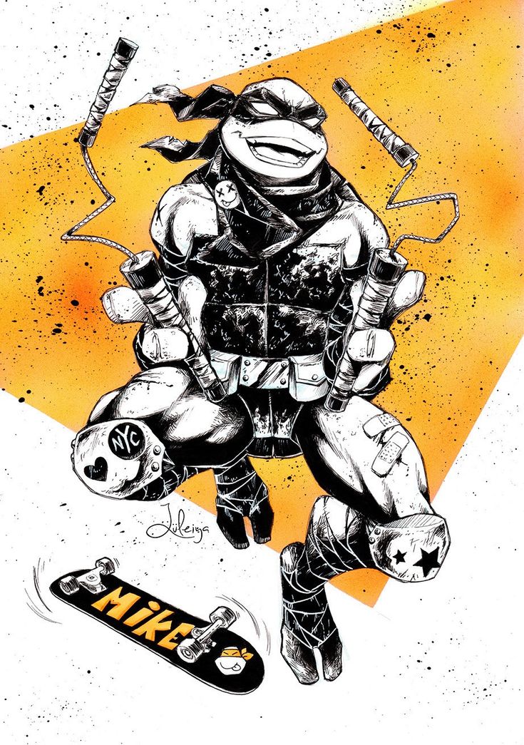 a black and white illustration of michelangelo, the teenage mutant ninja turtle, skateboarding. he is wearing his signature bandana and holding nunchucks in each hand. the background is a yellow and white splattered pattern. the skateboard is labeled with "mike" on the deck. the image is a stylized, cool, and edgy interpretation of michelangelo in a contemporary setting.