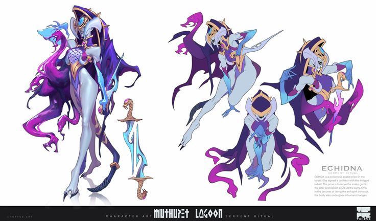 the image showcases concept art for a character named "echidna" within the "muthupet lagoon" setting, specifically related to a "serpent ritual".  the art includes several different poses of the character, echidna, a female figure with serpentine features and attire. she is depicted in flowing purple and blue garments, adorned with what appears to be ritualistic jewelry and wielding a dagger with a serpentine hilt. the background text provides a brief lore description of echidna's role in the ritual.  the overall style is fantasybased, seemingly for a game or animation project. the different poses illustrate variations of her movements and stance.